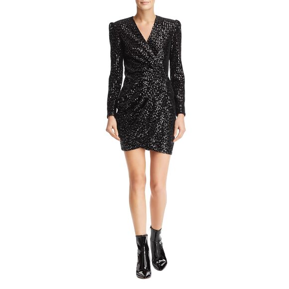 Maje Dresses & Skirts - Maje NWOT Rivy Sequin Mini Dress Silver Black Velvet Wrap Long Sleeve Size 4